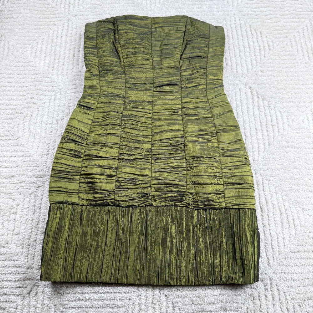 Jessica McClintock Strapless Mini Dress Women's 4 Olive Green Metallic Y2K 90s
